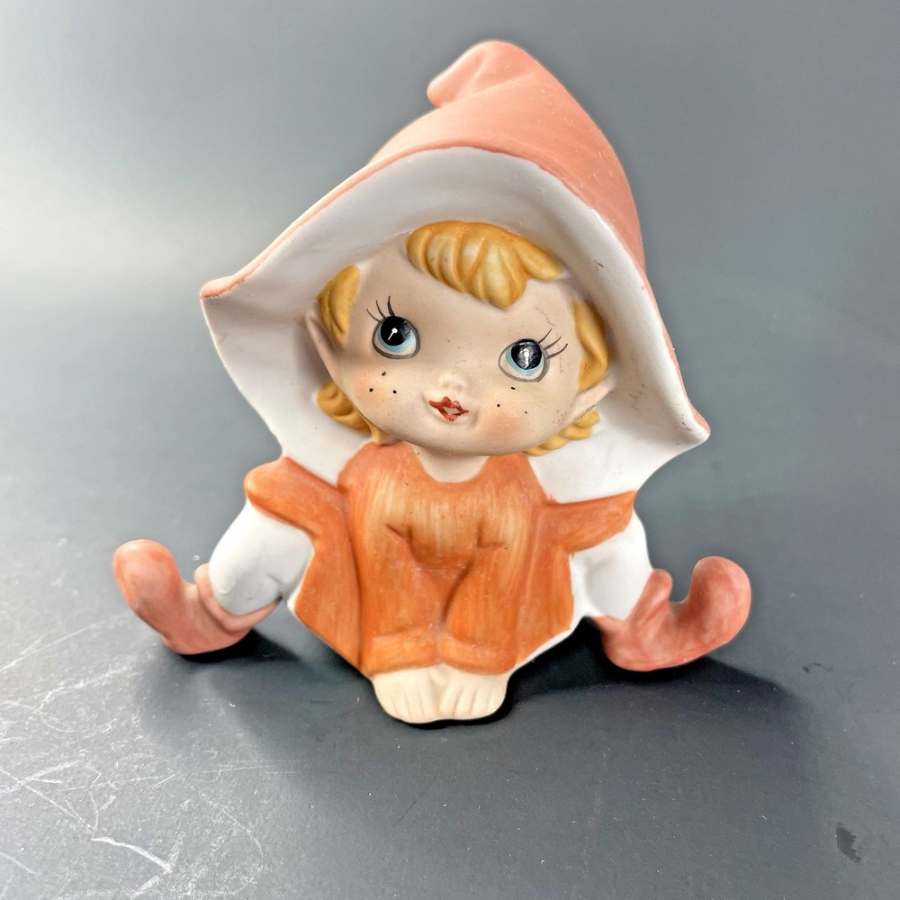Vintage Homco‎ Figurine 5213 Elf Pixie Fairy Girl Orange Ceramic 4" Tall